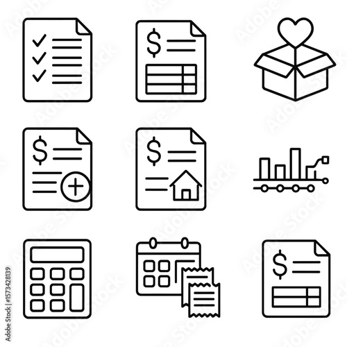 Tax Deduction Icons. Outline style icons of Tax Deductions by Schedule: schedule A checklist, expense form with date, charitable