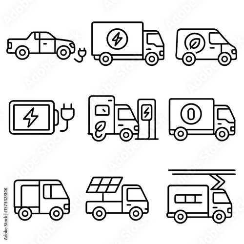 Electric Truck Icons. Outline style icons of Electric Trucks: EV pickup, electric cargo truck, green delivery van, battery