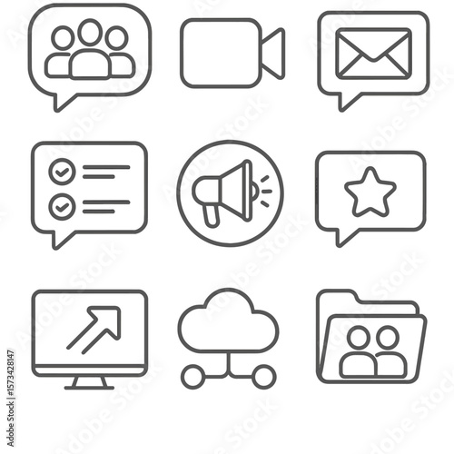 Team Communication Icons. Outline style icons of Team Communication Tools: group messaging app, video call icon, shared email