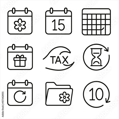 Tax Season Icons. Outline style icons of Tax Season Visuals: spring tax deadline, April 15 icon, seasonal planning chart, holiday