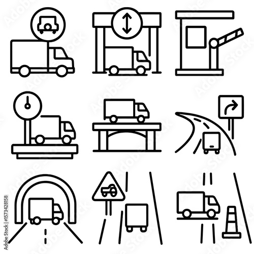 Transport Infrastructure Icons. Outline style icons of Truck and Infrastructure: bridge weight icon, underpass height sign, toll