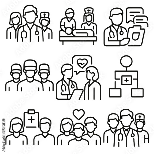 Healthcare Team Icons. Outline style icons of Healthcare Teamwork: doctor and nurse group, patient care team, collaborative