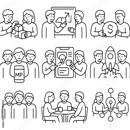 Startup Teamwork Icons. Outline style icons of Startup Teamwork: building prototype together, pitch board group, funding teamwork,