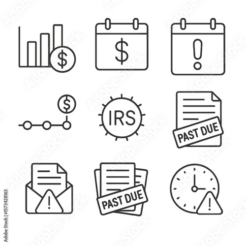 Late Filing Icons. Outline style icons of Late Filing Penalties: penalty fee chart, tax fine calendar, red deadline with