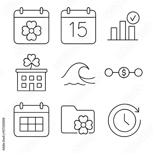 Tax Season Icons. Outline style icons of Tax Season Visuals: spring tax deadline, April 15 icon, seasonal planning chart, holiday