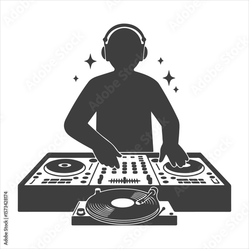 Silhouette of a DJ Mixing Music on a Turntable with Headphones and Sparkling Effects Creating a Groovy Vibe