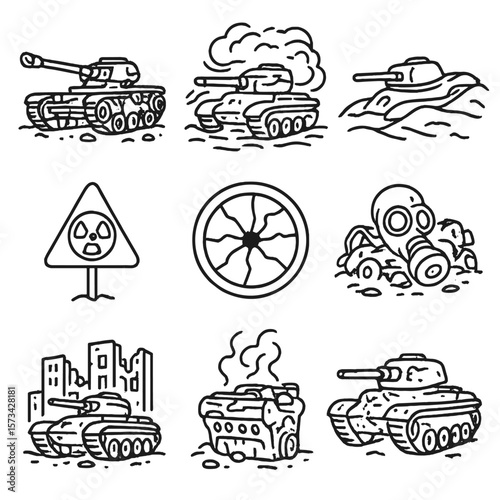 Post-Apocalyptic Tank Icons. Outline style icons of Post-Apocalyptic Tank Scenes: skeletal tank frame, tank in dust storm, tank