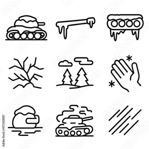 Frozen Tank Ruins. Outline style icons of Frozen Tank Ruins: snow-covered wreck, icicles on barrel, frozen track section, cracked