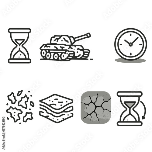 Timeless Tank Relic. Outline style icons of Tank Ruins and Time: hourglass beside wreck, weathered tank lines, erosion mark