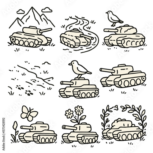 Tank Wreckage and Nature. Outline style icons of Tank Remains in Nature: mountain background tank, riverbank wreck, field erosion