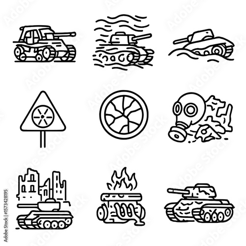 Post-Apocalyptic Tank Icons. Outline style icons of Post-Apocalyptic Tank Scenes: skeletal tank frame, tank in dust storm, tank