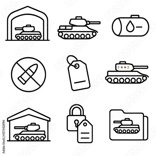 Decommissioned Tanks Icons. Outline style icons of Decommissioned Tanks: storage hangar icon, retired armor, empty fuel tank, no