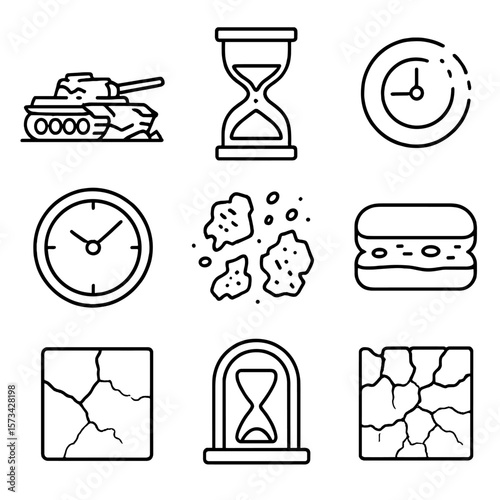 Timeless Tank Relic. Outline style icons of Tank Ruins and Time: hourglass beside wreck, weathered tank lines, erosion mark