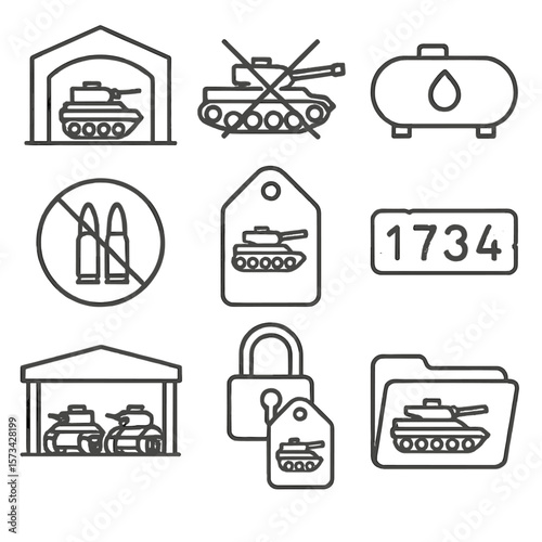 Decommissioned Tanks Icons. Outline style icons of Decommissioned Tanks: storage hangar icon, retired armor, empty fuel tank, no