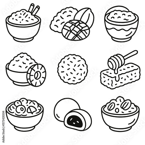Sweet Rice Desserts. Outline style icons of Sweet Rice Pairings: rice pudding and cinnamon, sticky rice with mango, sweet milk