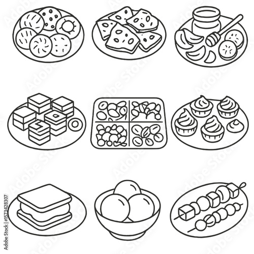Sweet Treat Icons. Outline style icons of Sweet Snack Plates: cookie sampler, chocolate bark mix, dried fruit with honey, mini