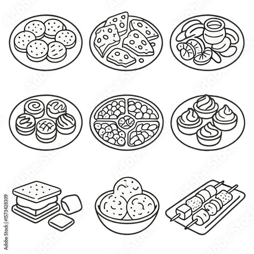 Sweet Treat Icons. Outline style icons of Sweet Snack Plates: cookie sampler, chocolate bark mix, dried fruit with honey, mini