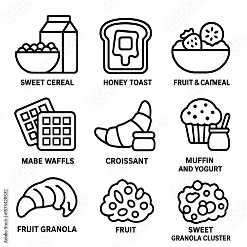 Breakfast Sweet Icons. Outline style icons of Breakfast Sweet Combos: sweet cereal and milk, honey toast, fruit and oatmeal,