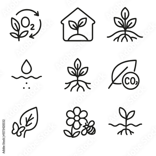 Environmental Icons Collection. Outline style icons of Environmental Importance: oxygen plant cycle, habitat shelter plant,