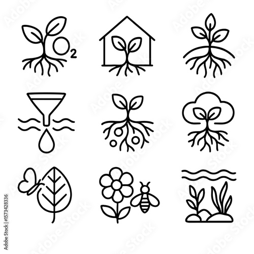 Environmental Icons Collection. Outline style icons of Environmental Importance: oxygen plant cycle, habitat shelter plant,
