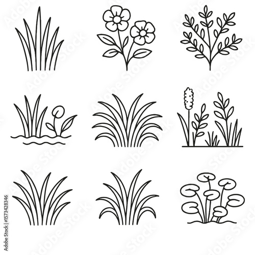 Marsh Plant Icons. Outline style icons of Marsh Border Plants: edge grass silhouette, marsh rose, transition shrub line, water to