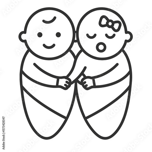 Twins Swaddled Icons. Outline style icons of Twins in Swaddle: two babies side by side, swaddled twin icons, one awake and one