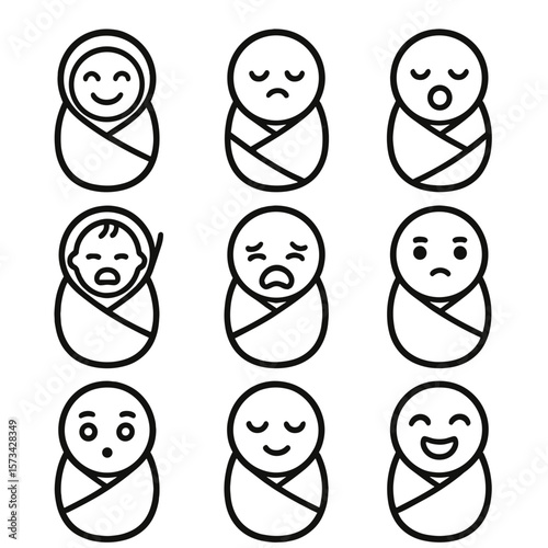 Swaddled Baby Emotions. Outline style icons of Swaddled Baby Emotions: smiling swaddled baby, sleeping peacefully, yawning baby,