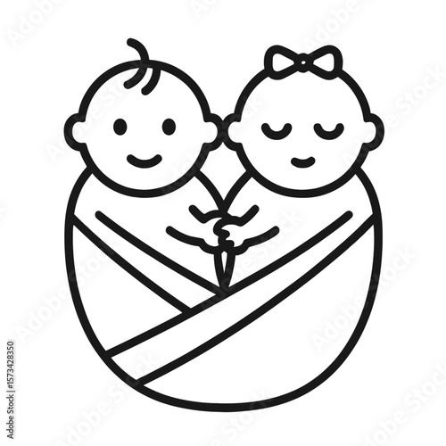 Twins Swaddled Icons. Outline style icons of Twins in Swaddle: two babies side by side, swaddled twin icons, one awake and one