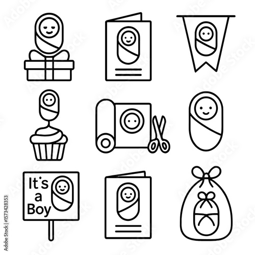 Baby Shower Icons. Outline style icons of Baby Shower Theme: baby in swaddle gift, card with wrapped infant, baby icon on party