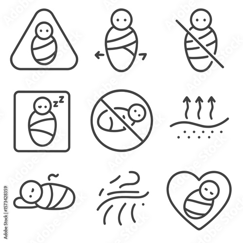 Swaddling Safety Icons. Outline style icons of Health and Safety for Swaddling: swaddle warning triangle, proper hip placement,