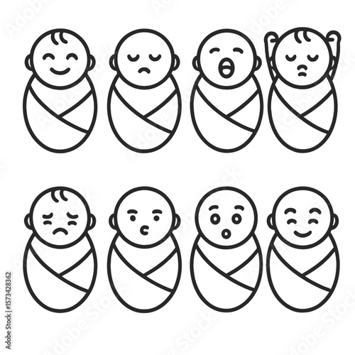 Swaddled Baby Emotions. Outline style icons of Swaddled Baby Emotions: smiling swaddled baby, sleeping peacefully, yawning baby,