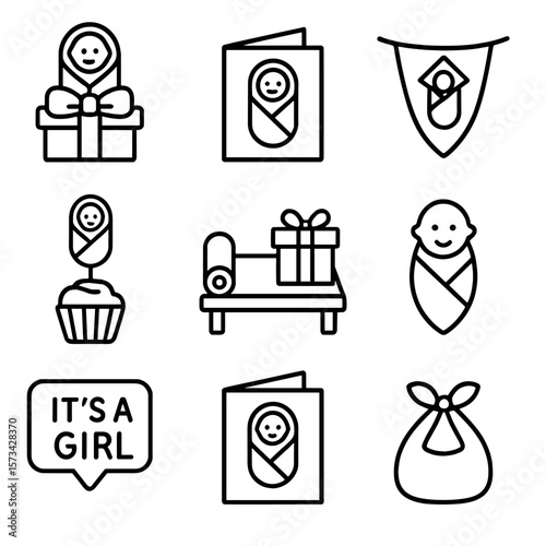 Baby Shower Icons. Outline style icons of Baby Shower Theme: baby in swaddle gift, card with wrapped infant, baby icon on party