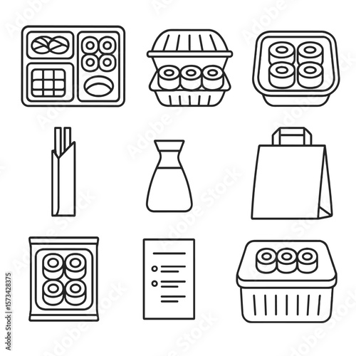 Sushi Takeout Icons. Outline style icons of Sushi Box and Takeout: sushi bento box, plastic takeout container, eco tray with rolls