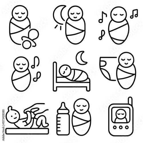 Night Swaddle Icons. Outline style icons of Nighttime Swaddle Routine: bedtime wrap icon, nightlight and baby, sleep music with