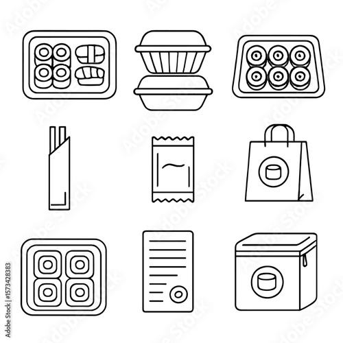Sushi Takeout Icons. Outline style icons of Sushi Box and Takeout: sushi bento box, plastic takeout container, eco tray with rolls