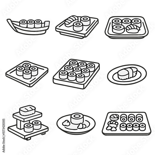 Sushi Plating Icons. Outline style icons of Sushi Plating: sushi boat tray, bamboo sushi plate, ceramic sushi platter, black slate