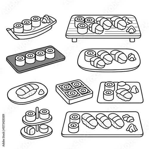 Sushi Plating Icons. Outline style icons of Sushi Plating: sushi boat tray, bamboo sushi plate, ceramic sushi platter, black slate