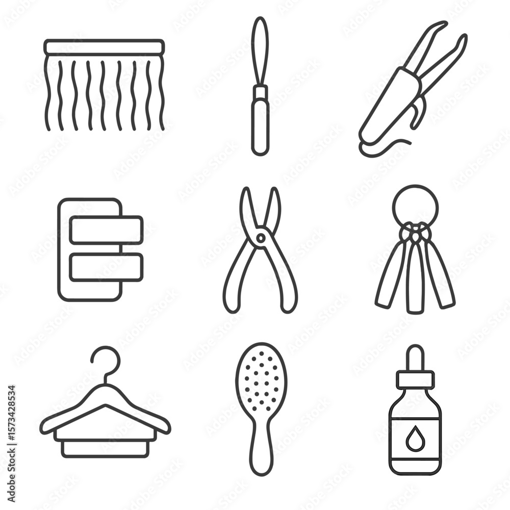Hair Extension Icons. Line style icons of Hair Extension Install: weft hair strip, micro-bead loop tool, fusion heat wand,