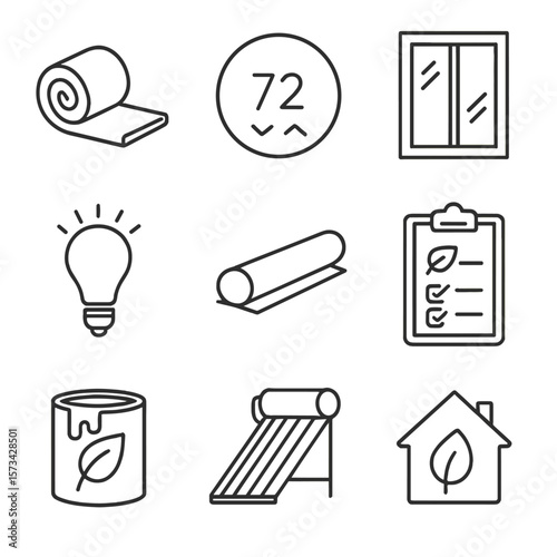 Green Home Icons. Line style icons of Green Home Upgrades: attic insulation roll, smart thermostat, triple-pane window, LED light