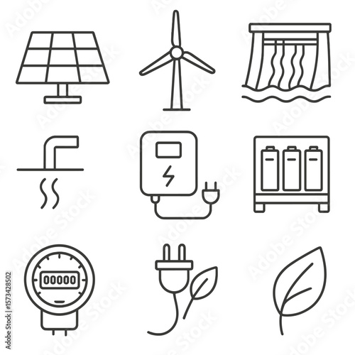 Renewable Energy Icons. Line style icons of Renewable Energy Sources: solar panel, wind turbine, hydro dam, geothermal pipe,