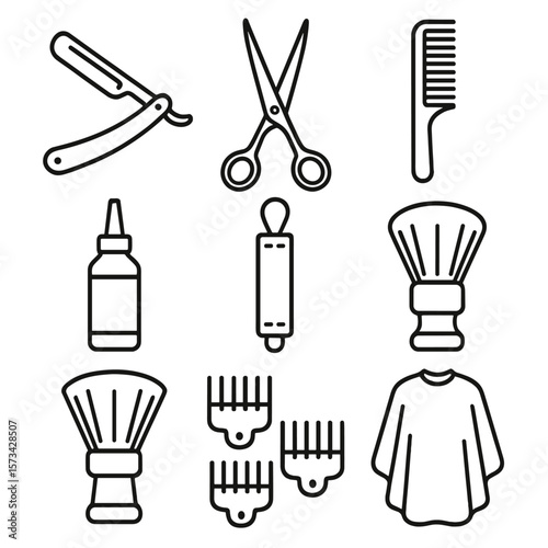 Barbershop Essentials Icons. Line style icons of Classic Barbershop Tools: straight razor, barber shears, taper comb, clipper oil,