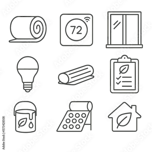 Green Home Icons. Line style icons of Green Home Upgrades: attic insulation roll, smart thermostat, triple-pane window, LED light