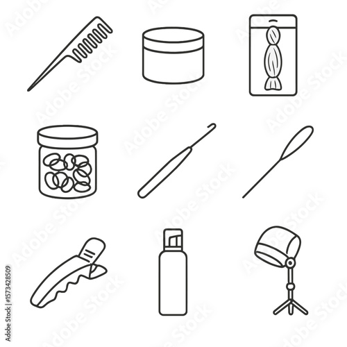 Braid Bar Essentials. Line style icons of Texture & Braid Bar: narrow cornrow comb, edge control gel pot, braiding hair pack,