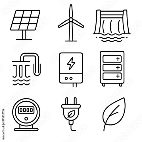 Renewable Energy Icons. Line style icons of Renewable Energy Sources: solar panel, wind turbine, hydro dam, geothermal pipe,