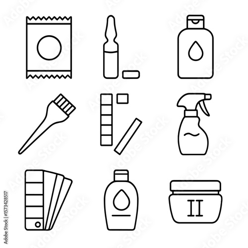 Color Correction Tools. Line style icons of Color Correction Arsenal: color remover packet, bond rebuilder ampoule, ph-balancing