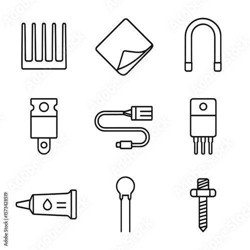 Thermal Management Icons. Line style icons of Thermal Management: aluminum heatsink fin, silicone thermal pad, copper heat pipe,