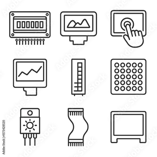 Display Icon Line Art. Line style icons of Displays & Indicators: character LCD module, graphic OLED display, TFT touchscreen,