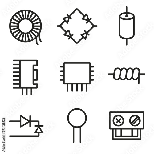 Power Supply Icons. Line style icons of Power Supply Components: toroidal power transformer, full bridge rectifier, smoothing