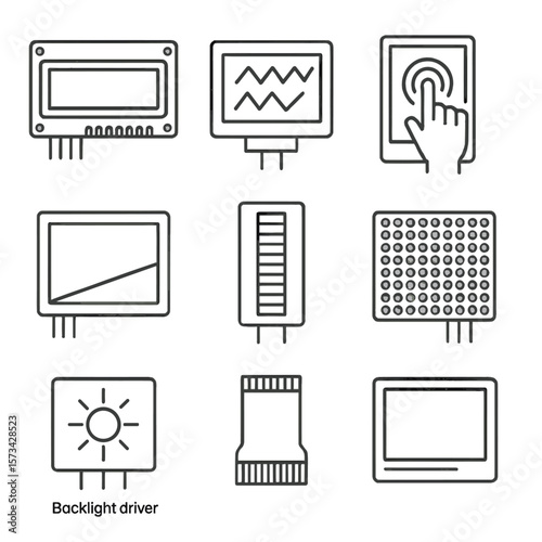 Display Icon Line Art. Line style icons of Displays & Indicators: character LCD module, graphic OLED display, TFT touchscreen,