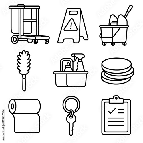 Janitor Cart Icons. Line style icons of Professional Janitor Cart: multi-tier cart, caution wet floor sign, wringer bucket,